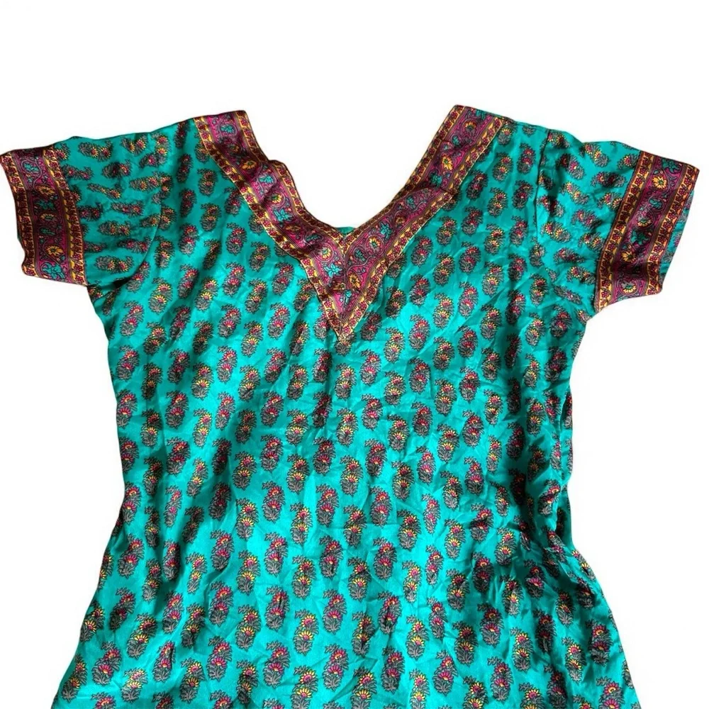 Silk Kurti Indian Design Vibrant Teal Dress Tunic with Purple Accents 31” Waist - Picture 4 of 9